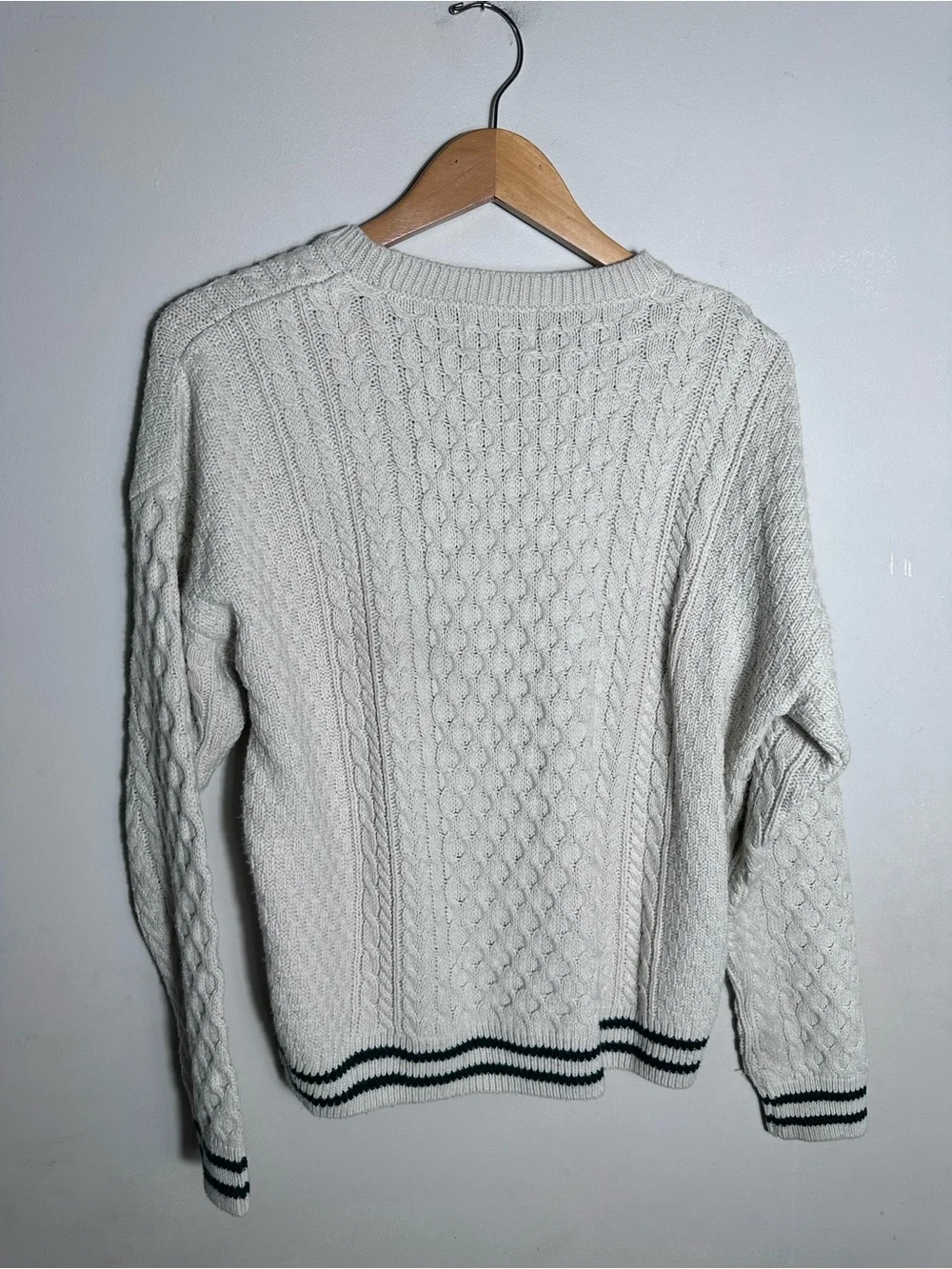 Topman Cream Cable Knit Crewneck Sweater with Dark Stripe Hem
